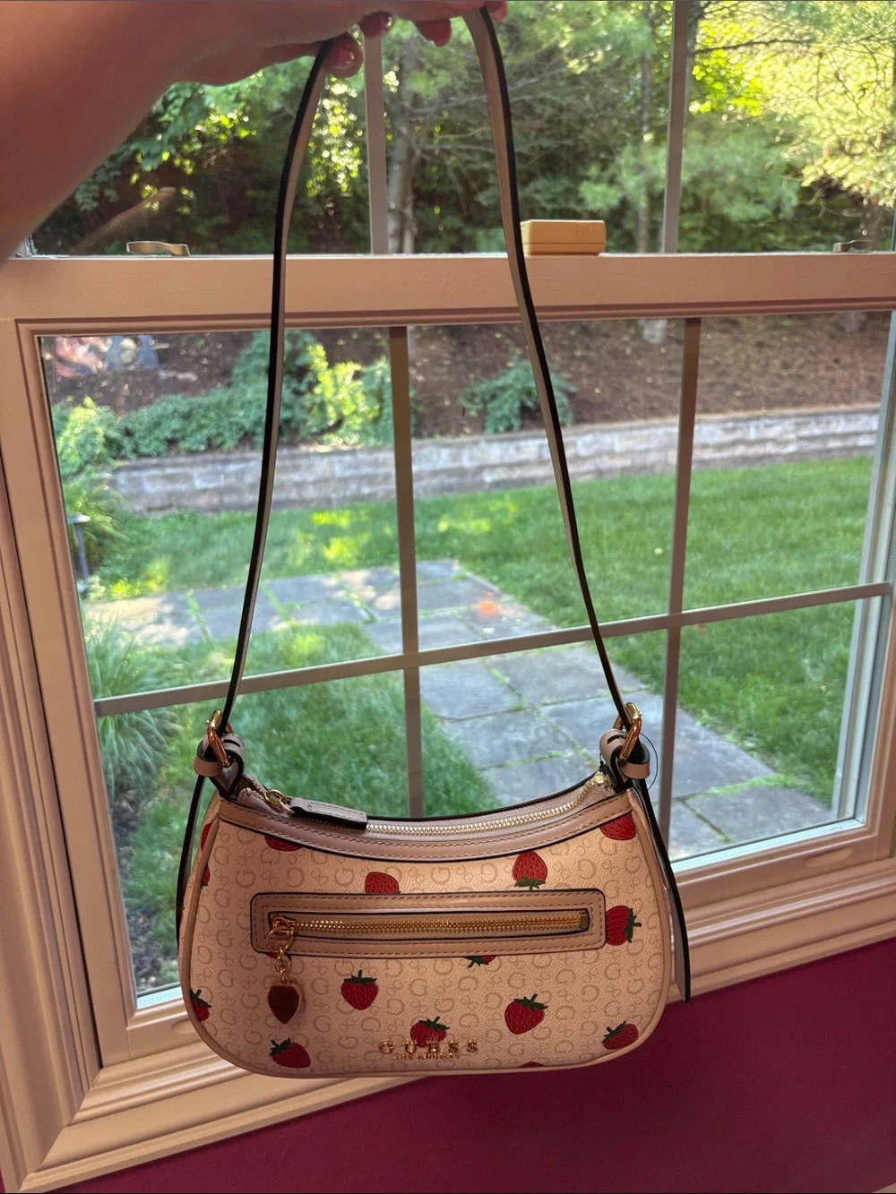 Guess Cream Shoulder Bag with Red Strawberry Print - Picture 3 of 6